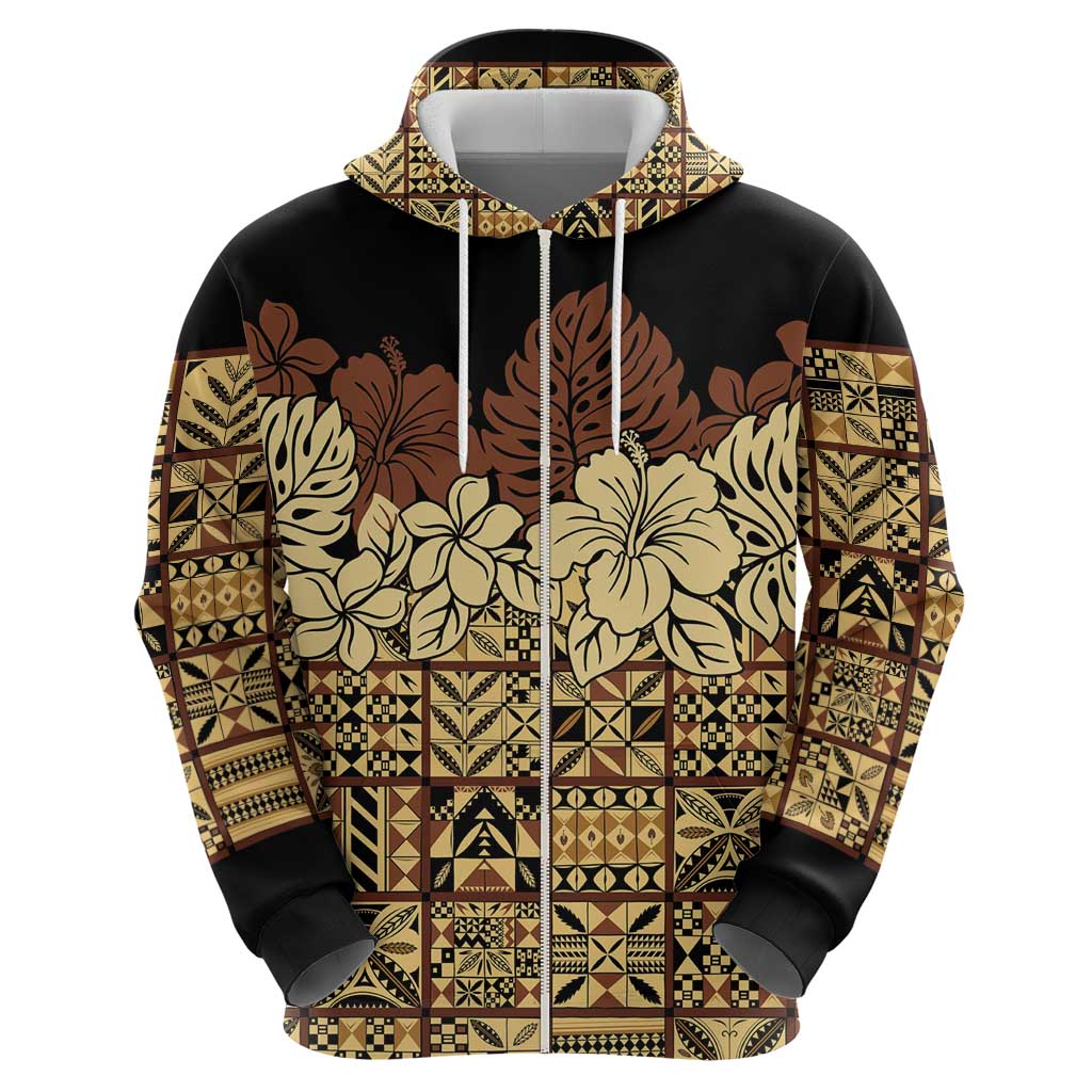 Niue Hiapo Motif Zip Hoodie Tapa Classic - Black Ver LT7 - Polynesian Pride