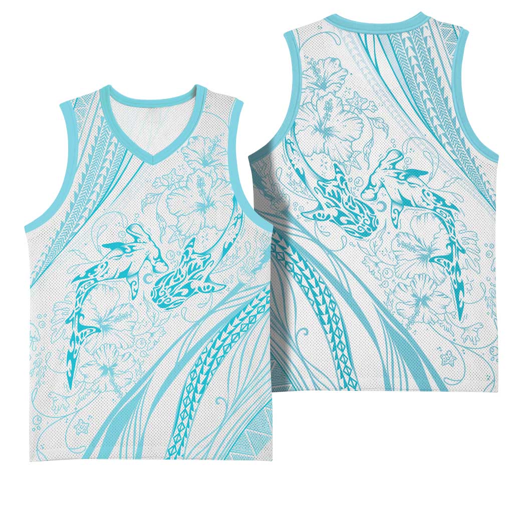 Sharks Couple Dreamy Polynesians Floral Sea Basketball Jersey Turquoise - Polynesian Pride
