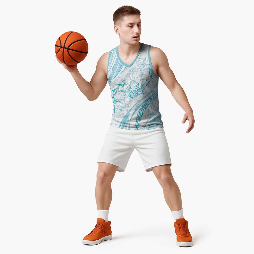 Sharks Couple Dreamy Polynesians Floral Sea Basketball Jersey Turquoise - Polynesian Pride