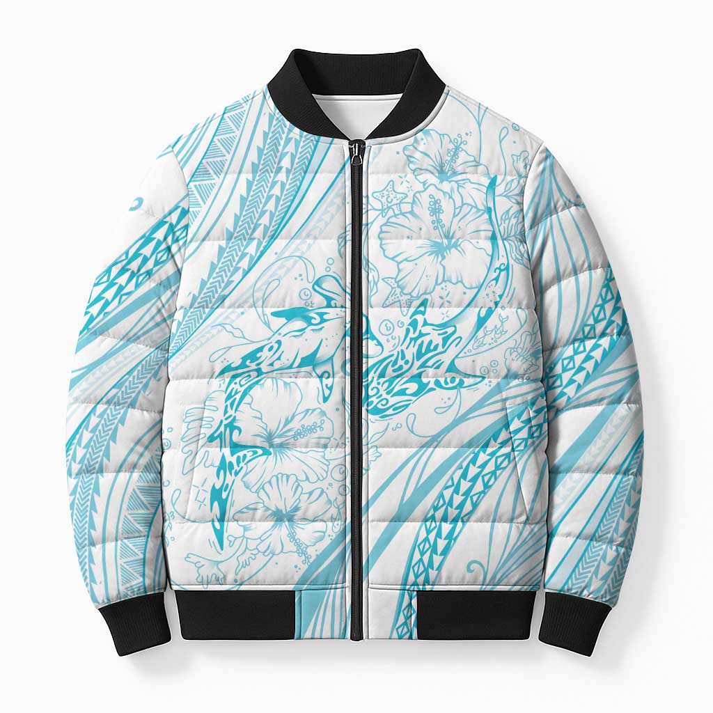 Sharks Couple Dreamy Polynesians Floral Sea Bomber Puffer Jacket Turquoise - Polynesian Pride