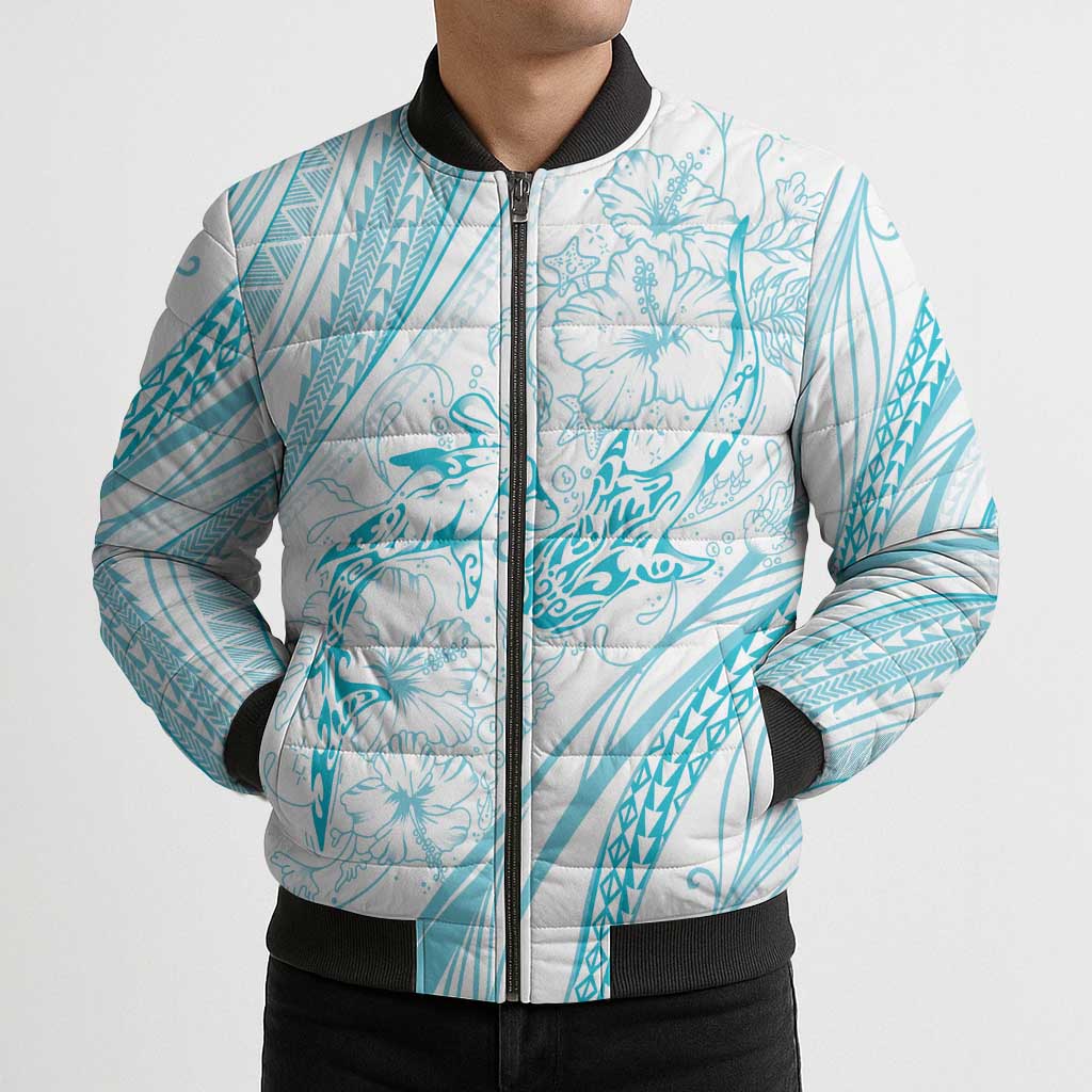 Sharks Couple Dreamy Polynesians Floral Sea Bomber Puffer Jacket Turquoise - Polynesian Pride