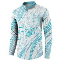 Sharks Couple Dreamy Polynesians Floral Sea Button Sweatshirt Turquoise - Polynesian Pride