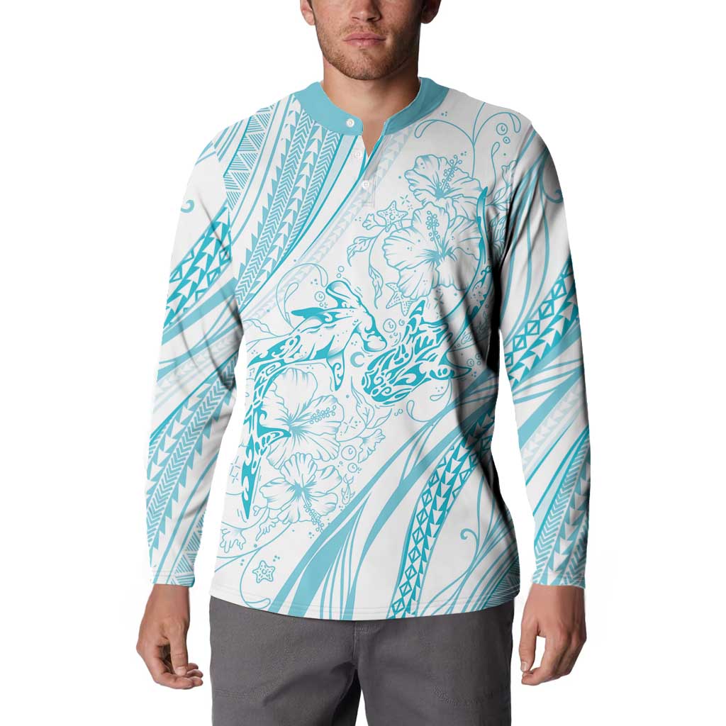 Sharks Couple Dreamy Polynesians Floral Sea Button Sweatshirt Turquoise - Polynesian Pride