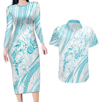 Sharks Couple Dreamy Polynesians Floral Sea Couples Matching Long Sleeve Bodycon Dress and Hawaiian Shirt Turquoise LT7 Turquoise - Polynesian Pride