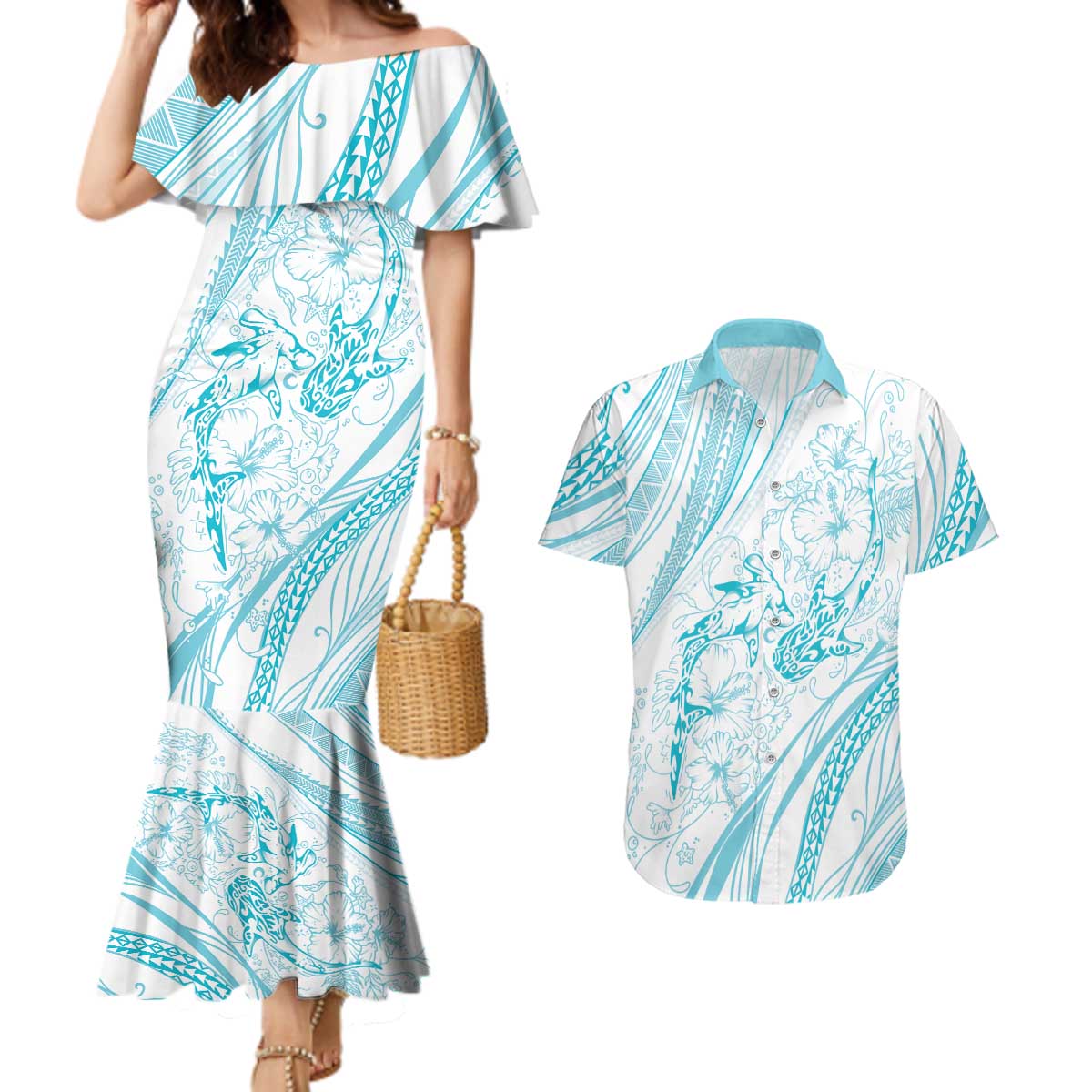 Sharks Couple Dreamy Polynesians Floral Sea Couples Matching Mermaid Dress and Hawaiian Shirt Turquoise - Polynesian Pride