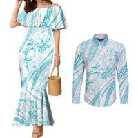 Sharks Couple Dreamy Polynesians Floral Sea Couples Matching Mermaid Dress and Long Sleeve Button Shirt Turquoise LT7 Turquoise - Polynesian Pride