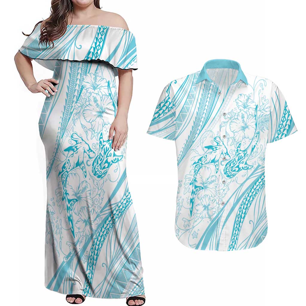 Sharks Couple Dreamy Polynesians Floral Sea Couples Matching Off Shoulder Maxi Dress and Hawaiian Shirt Turquoise LT7 Turquoise - Polynesian Pride