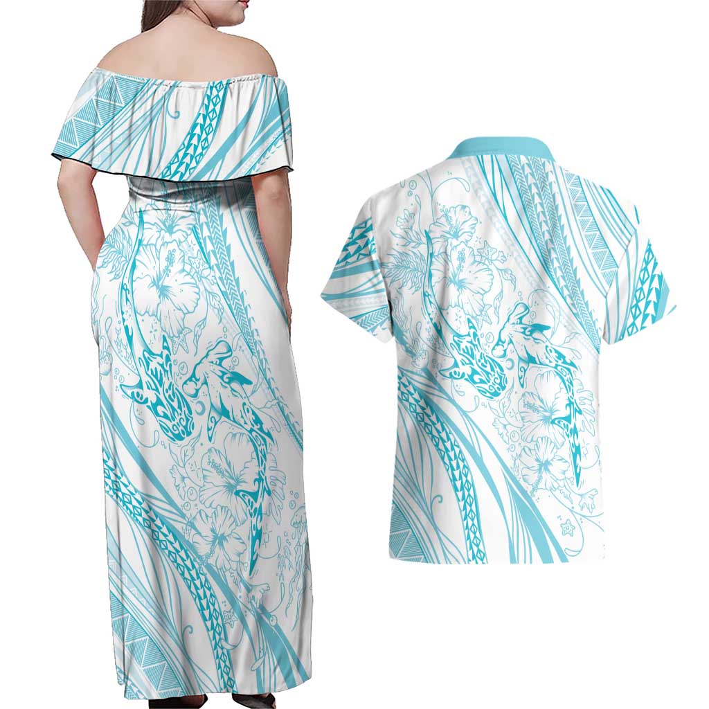 Sharks Couple Dreamy Polynesians Floral Sea Couples Matching Off Shoulder Maxi Dress and Hawaiian Shirt Turquoise LT7 - Polynesian Pride