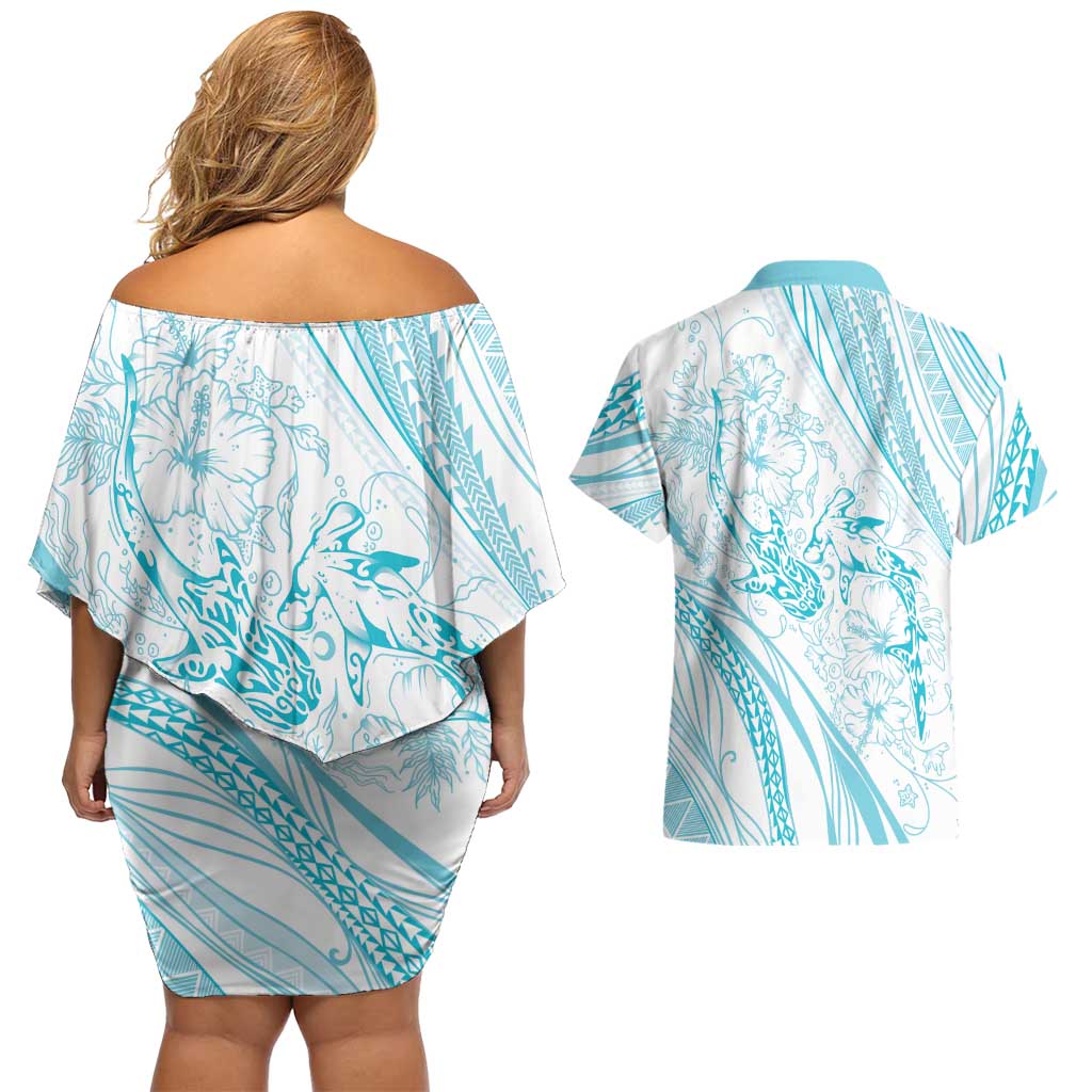 Sharks Couple Dreamy Polynesians Floral Sea Couples Matching Off Shoulder Short Dress and Hawaiian Shirt Turquoise LT7 - Polynesian Pride