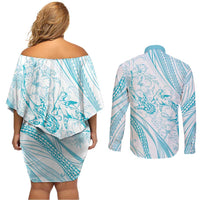 Sharks Couple Dreamy Polynesians Floral Sea Couples Matching Off Shoulder Short Dress and Long Sleeve Button Shirt Turquoise - Polynesian Pride