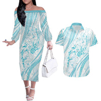 Sharks Couple Dreamy Polynesians Floral Sea Couples Matching Off The Shoulder Long Sleeve Dress and Hawaiian Shirt Turquoise LT7 Turquoise - Polynesian Pride
