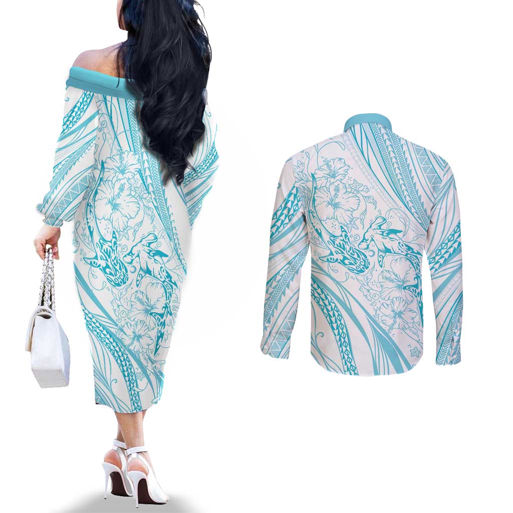 Sharks Couple Dreamy Polynesians Floral Sea Couples Matching Off The Shoulder Long Sleeve Dress and Long Sleeve Button Shirt Turquoise LT7 - Polynesian Pride