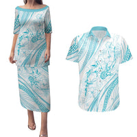 Sharks Couple Dreamy Polynesians Floral Sea Couples Matching Puletasi and Hawaiian Shirt Turquoise - Polynesian Pride