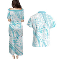 Sharks Couple Dreamy Polynesians Floral Sea Couples Matching Puletasi and Hawaiian Shirt Turquoise - Polynesian Pride