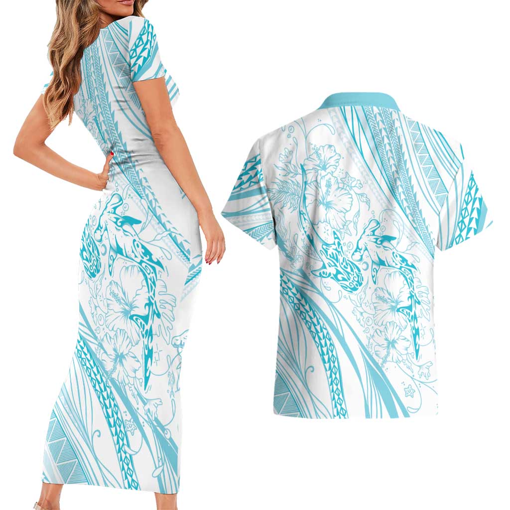 Sharks Couple Dreamy Polynesians Floral Sea Couples Matching Short Sleeve Bodycon Dress and Hawaiian Shirt Turquoise LT7 - Polynesian Pride