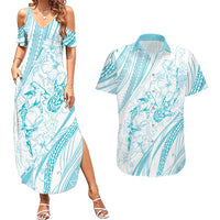 Sharks Couple Dreamy Polynesians Floral Sea Couples Matching Summer Maxi Dress and Hawaiian Shirt Turquoise LT7 Turquoise - Polynesian Pride