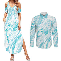 Sharks Couple Dreamy Polynesians Floral Sea Couples Matching Summer Maxi Dress and Long Sleeve Button Shirt Turquoise - Polynesian Pride