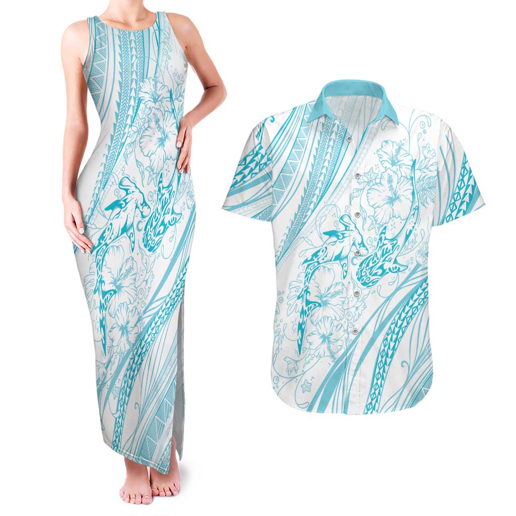 Sharks Couple Dreamy Polynesians Floral Sea Couples Matching Tank Maxi Dress and Hawaiian Shirt Turquoise LT7 Turquoise - Polynesian Pride