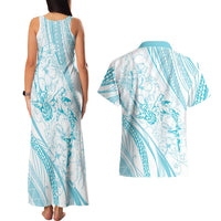 Sharks Couple Dreamy Polynesians Floral Sea Couples Matching Tank Maxi Dress and Hawaiian Shirt Turquoise LT7 - Polynesian Pride