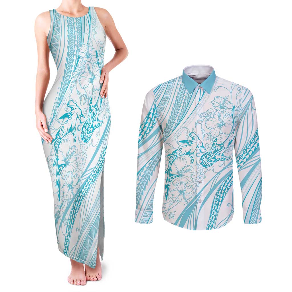 Sharks Couple Dreamy Polynesians Floral Sea Couples Matching Tank Maxi Dress and Long Sleeve Button Shirt Turquoise - Polynesian Pride