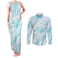 Sharks Couple Dreamy Polynesians Floral Sea Couples Matching Tank Maxi Dress and Long Sleeve Button Shirt Turquoise - Polynesian Pride