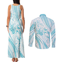 Sharks Couple Dreamy Polynesians Floral Sea Couples Matching Tank Maxi Dress and Long Sleeve Button Shirt Turquoise - Polynesian Pride