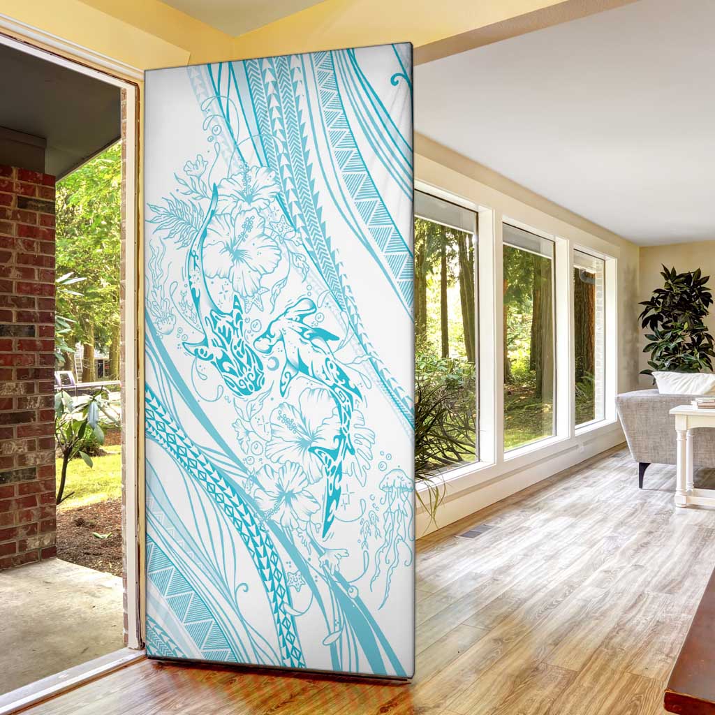 Sharks Couple Dreamy Polynesians Floral Sea Door Cover Turquoise - Polynesian Pride