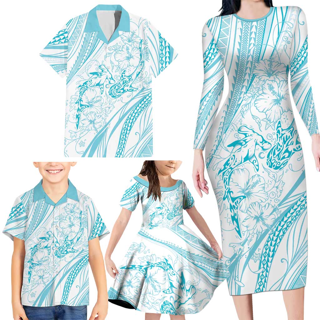 Sharks Couple Dreamy Polynesians Floral Sea Family Matching Long Sleeve Bodycon Dress and Hawaiian Shirt Turquoise LT7 - Polynesian Pride