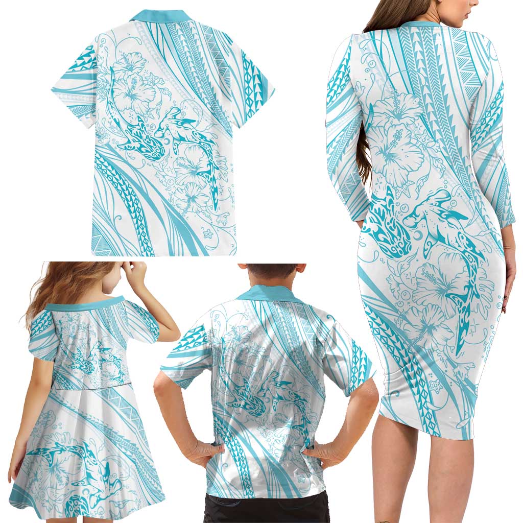 Sharks Couple Dreamy Polynesians Floral Sea Family Matching Long Sleeve Bodycon Dress and Hawaiian Shirt Turquoise LT7 - Polynesian Pride
