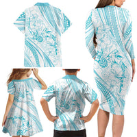 Sharks Couple Dreamy Polynesians Floral Sea Family Matching Long Sleeve Bodycon Dress and Hawaiian Shirt Turquoise LT7 - Polynesian Pride