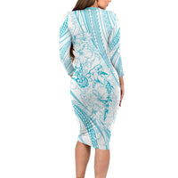 Sharks Couple Dreamy Polynesians Floral Sea Family Matching Long Sleeve Bodycon Dress and Hawaiian Shirt Turquoise LT7 - Polynesian Pride