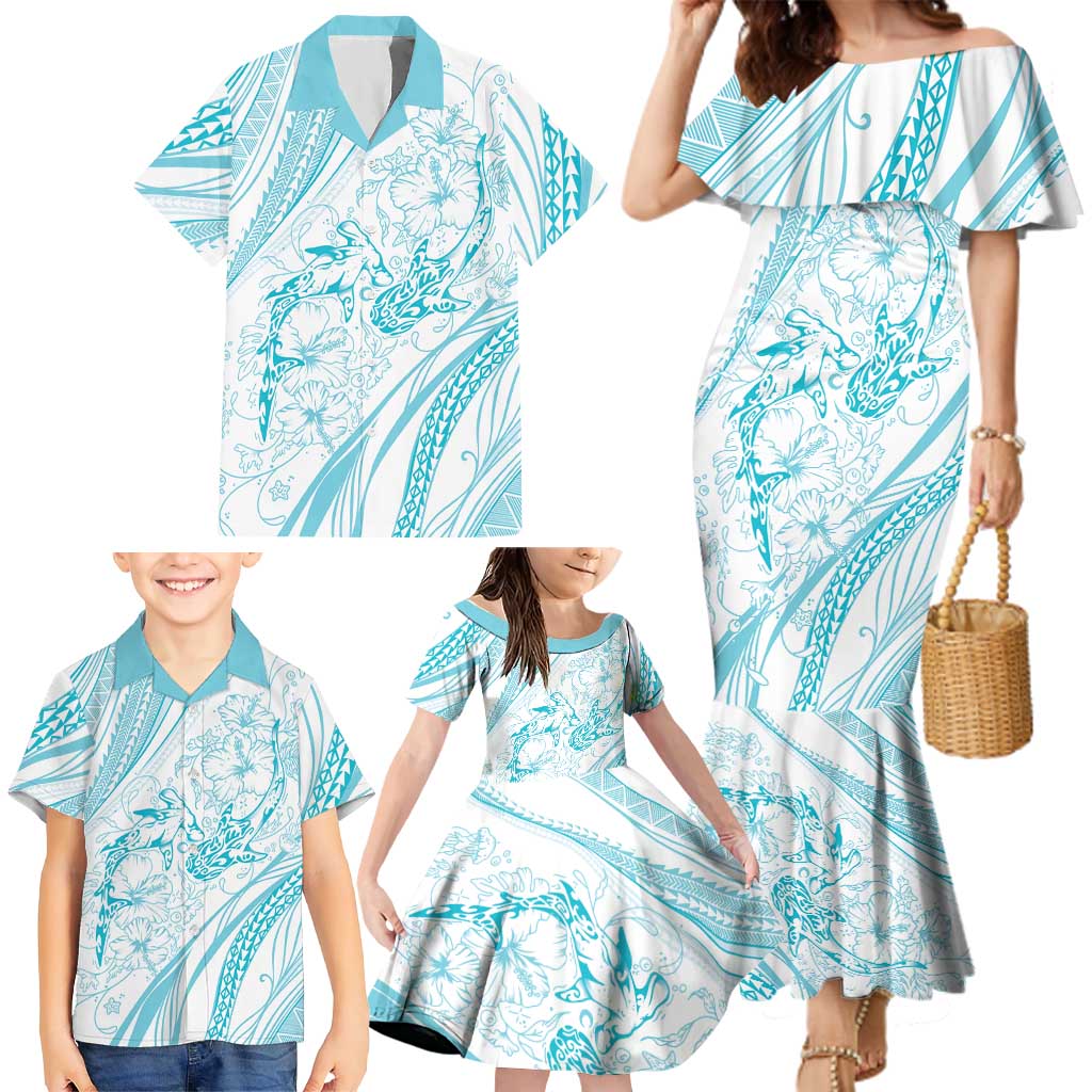 Sharks Couple Dreamy Polynesians Floral Sea Family Matching Mermaid Dress and Hawaiian Shirt Turquoise LT7 - Polynesian Pride