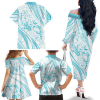 Sharks Couple Dreamy Polynesians Floral Sea Family Matching Off The Shoulder Long Sleeve Dress and Hawaiian Shirt Turquoise LT7 - Polynesian Pride