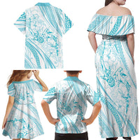 Sharks Couple Dreamy Polynesians Floral Sea Family Matching Off Shoulder Maxi Dress and Hawaiian Shirt Turquoise LT7 - Polynesian Pride