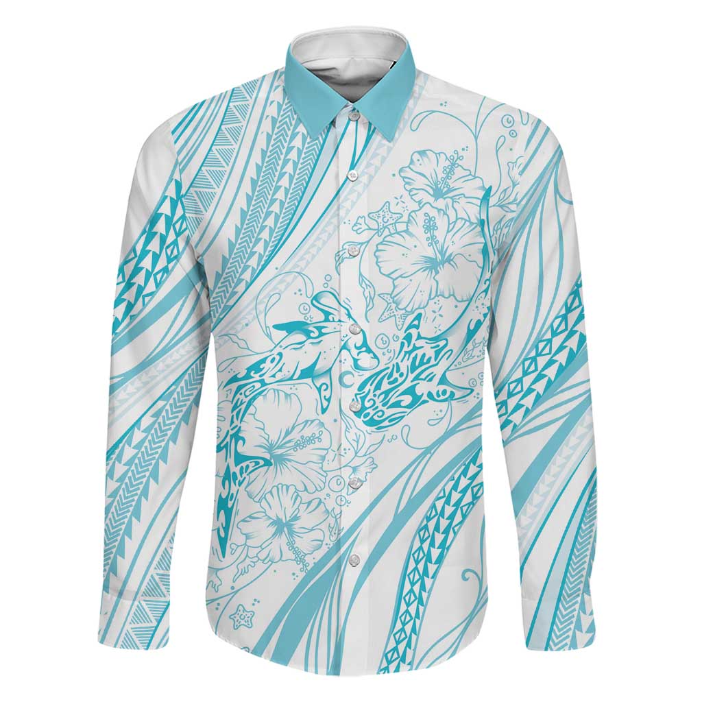 Sharks Couple Dreamy Polynesians Floral Sea Family Matching Off Shoulder Maxi Dress and Hawaiian Shirt Turquoise LT7 Dad's Shirt - Long Sleeve Turquoise - Polynesian Pride