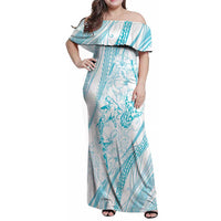 Sharks Couple Dreamy Polynesians Floral Sea Family Matching Off Shoulder Maxi Dress and Hawaiian Shirt Turquoise LT7 Mom's Dress Turquoise - Polynesian Pride