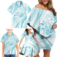 Sharks Couple Dreamy Polynesians Floral Sea Family Matching Off Shoulder Short Dress and Hawaiian Shirt Turquoise LT7 - Polynesian Pride