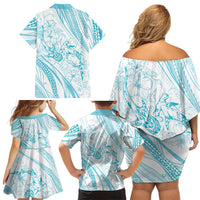 Sharks Couple Dreamy Polynesians Floral Sea Family Matching Off Shoulder Short Dress and Hawaiian Shirt Turquoise LT7 - Polynesian Pride