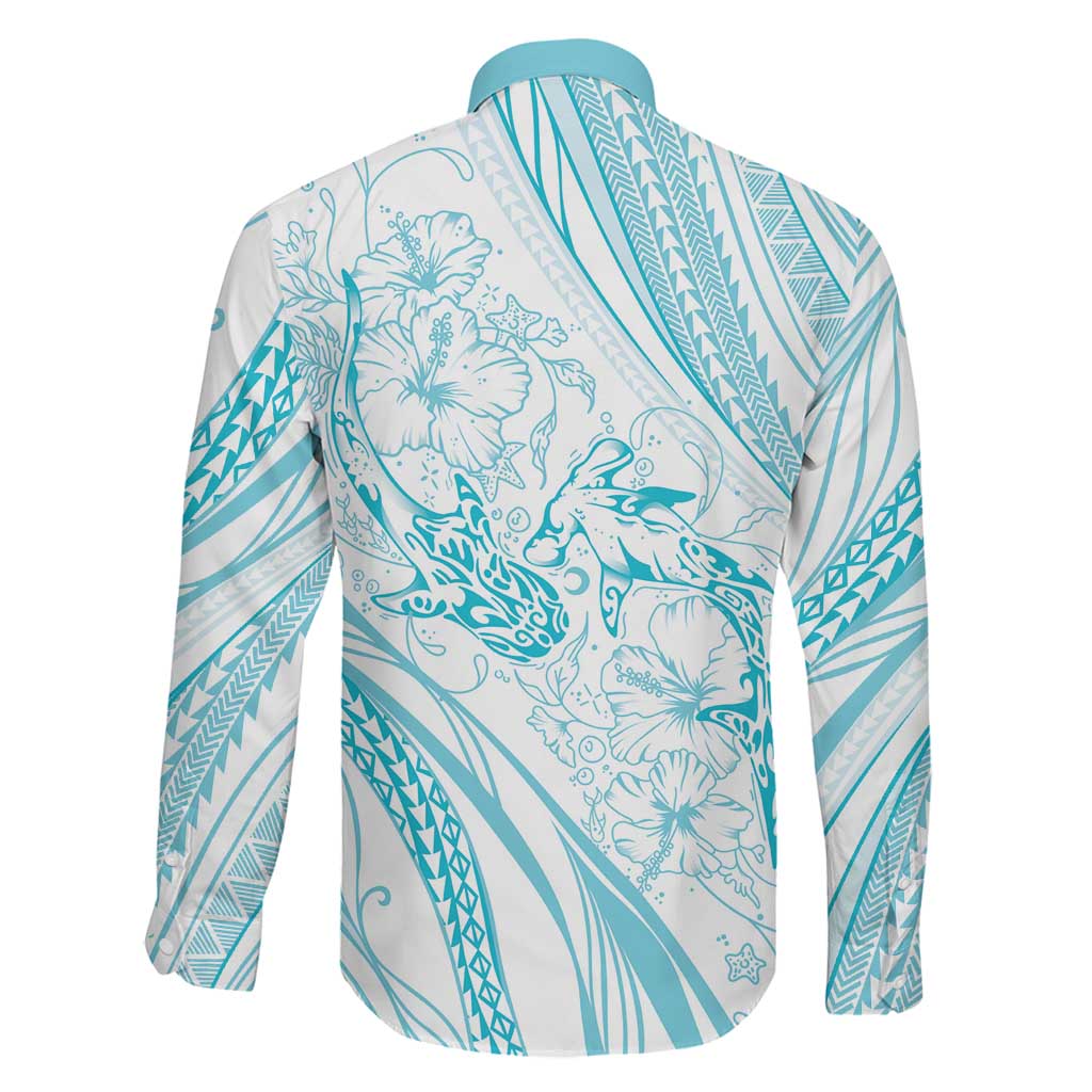 Sharks Couple Dreamy Polynesians Floral Sea Family Matching Off Shoulder Short Dress and Hawaiian Shirt Turquoise LT7 - Polynesian Pride