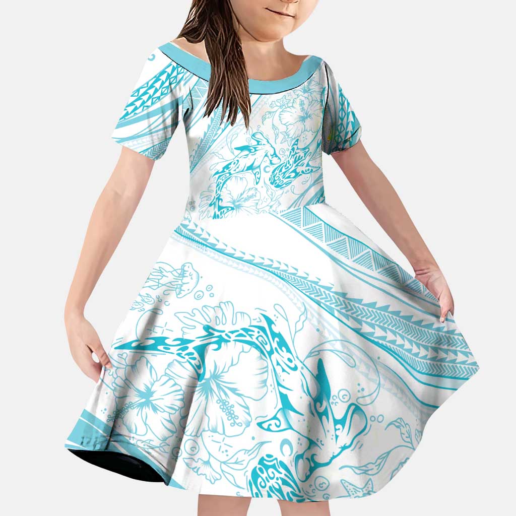 Sharks Couple Dreamy Polynesians Floral Sea Family Matching Puletasi and Hawaiian Shirt Turquoise LT7 Daughter's Dress Turquoise - Polynesian Pride