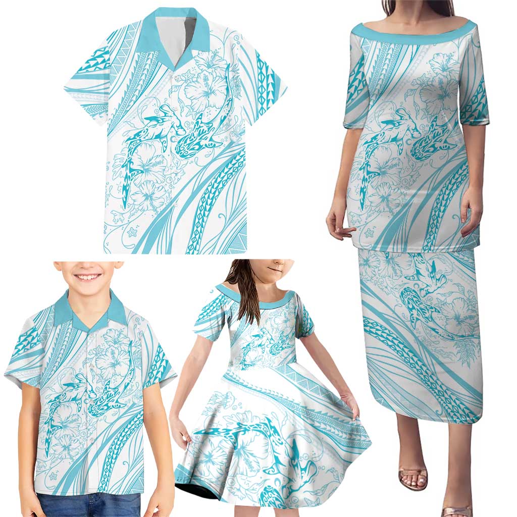 Sharks Couple Dreamy Polynesians Floral Sea Family Matching Puletasi and Hawaiian Shirt Turquoise LT7 - Polynesian Pride