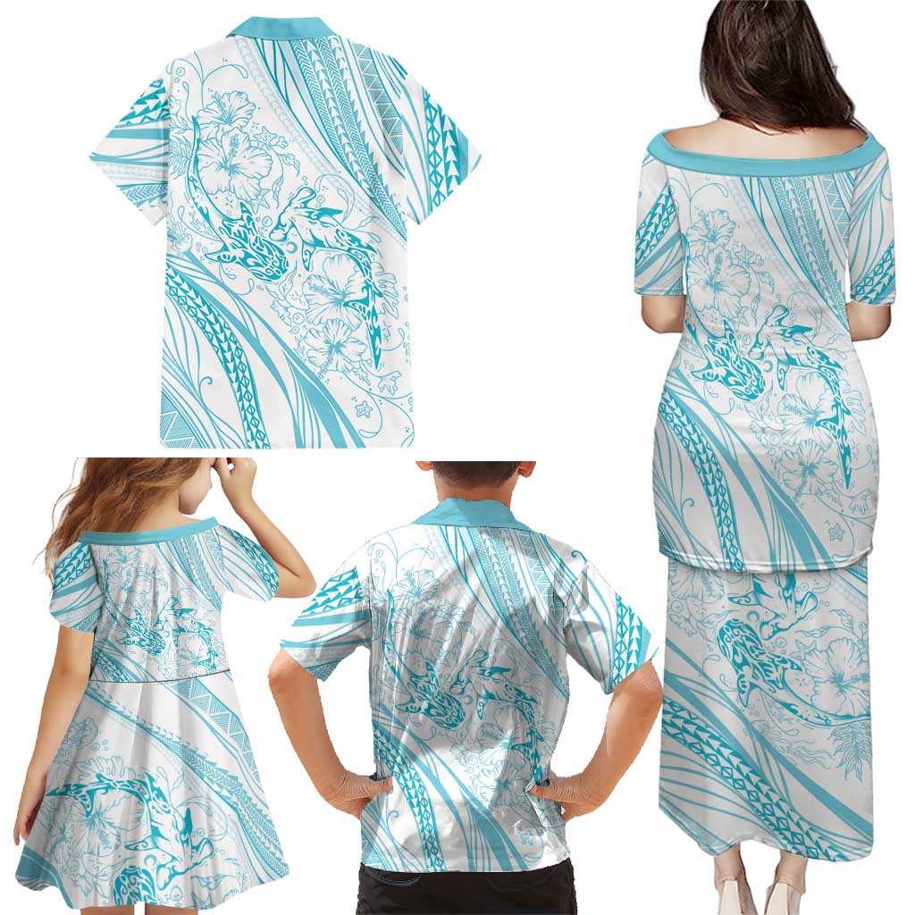 Sharks Couple Dreamy Polynesians Floral Sea Family Matching Puletasi and Hawaiian Shirt Turquoise LT7 - Polynesian Pride