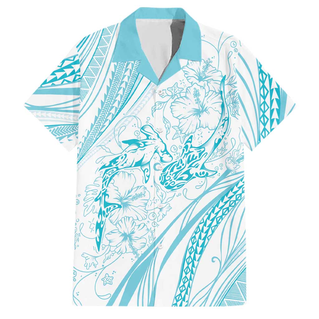 Sharks Couple Dreamy Polynesians Floral Sea Family Matching Puletasi and Hawaiian Shirt Turquoise LT7 Dad's Shirt - Short Sleeve Turquoise - Polynesian Pride