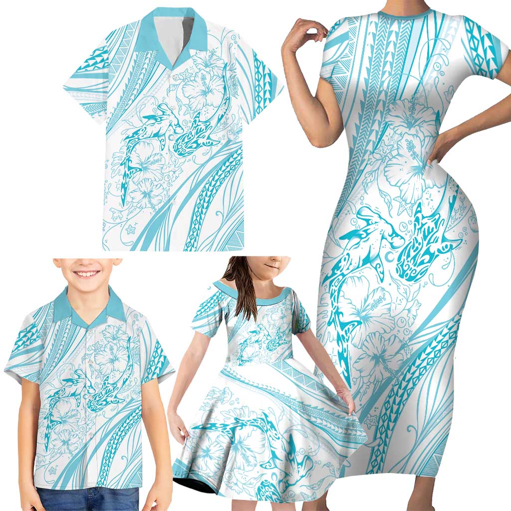 Sharks Couple Dreamy Polynesians Floral Sea Family Matching Short Sleeve Bodycon Dress and Hawaiian Shirt Turquoise LT7 - Polynesian Pride