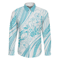 Sharks Couple Dreamy Polynesians Floral Sea Family Matching Short Sleeve Bodycon Dress and Hawaiian Shirt Turquoise LT7 Dad's Shirt - Long Sleeve Turquoise - Polynesian Pride