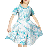 Sharks Couple Dreamy Polynesians Floral Sea Kid Short Sleeve Dress Turquoise - Polynesian Pride