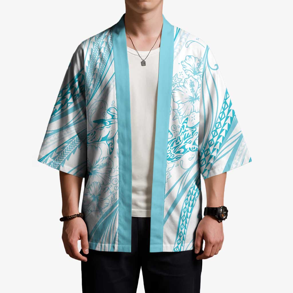 Sharks Couple Dreamy Polynesians Floral Sea Kimono Turquoise - Polynesian Pride