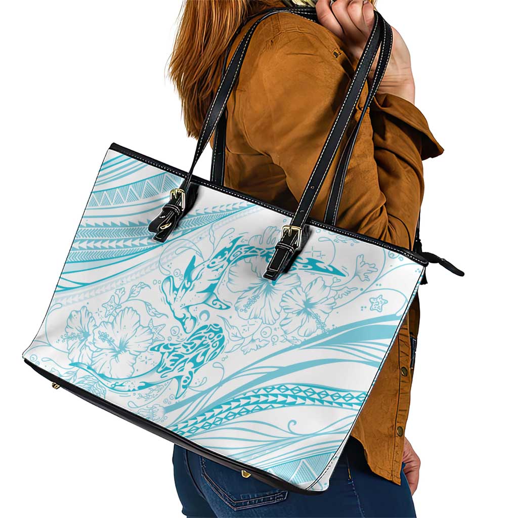 Sharks Couple Dreamy Polynesians Floral Sea Leather Tote Bag Turquoise - Polynesian Pride