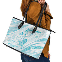 Sharks Couple Dreamy Polynesians Floral Sea Leather Tote Bag Turquoise - Polynesian Pride