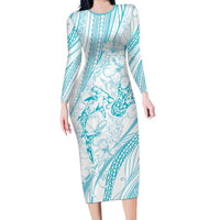 Sharks Couple Dreamy Polynesians Floral Sea Long Sleeve Bodycon Dress Turquoise - Polynesian Pride